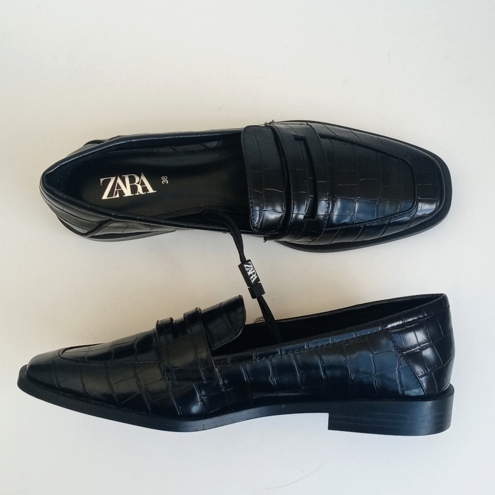 Zara Women's Black Alligator Embossed Square Toe Flat Penny Loafers 38 (7.5) - Picture 7 of 16
